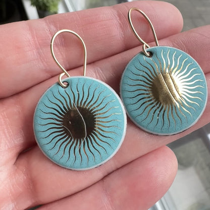 SECONDS/IRREGULAR Gold and Teal Green Accents on Light Seafoam Green Enamel Disc Earrings