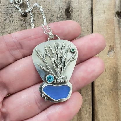 Cobalt Blue Sea Glass and Coral Reef Pendant