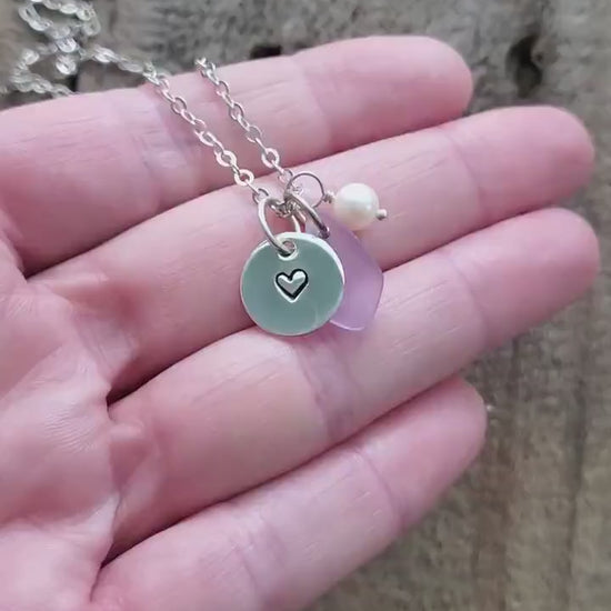 Sterling Silver Heart with Lavender Sea Glass and Pearl Pendant -Handstamped Jewelry, Sterling Silver Jewelry, Surf Jewelry, Nautical