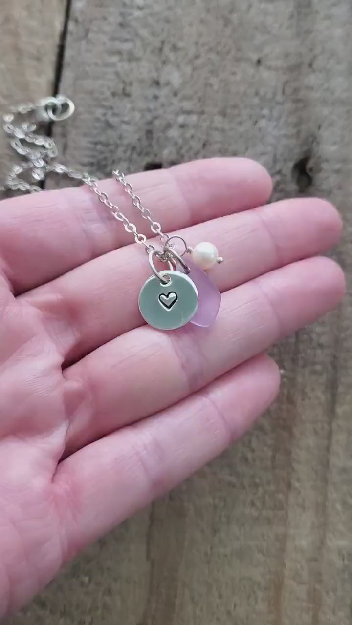 Sterling Silver Heart with Lavender Sea Glass and Pearl Pendant -Handstamped Jewelry, Sterling Silver Jewelry, Surf Jewelry, Nautical