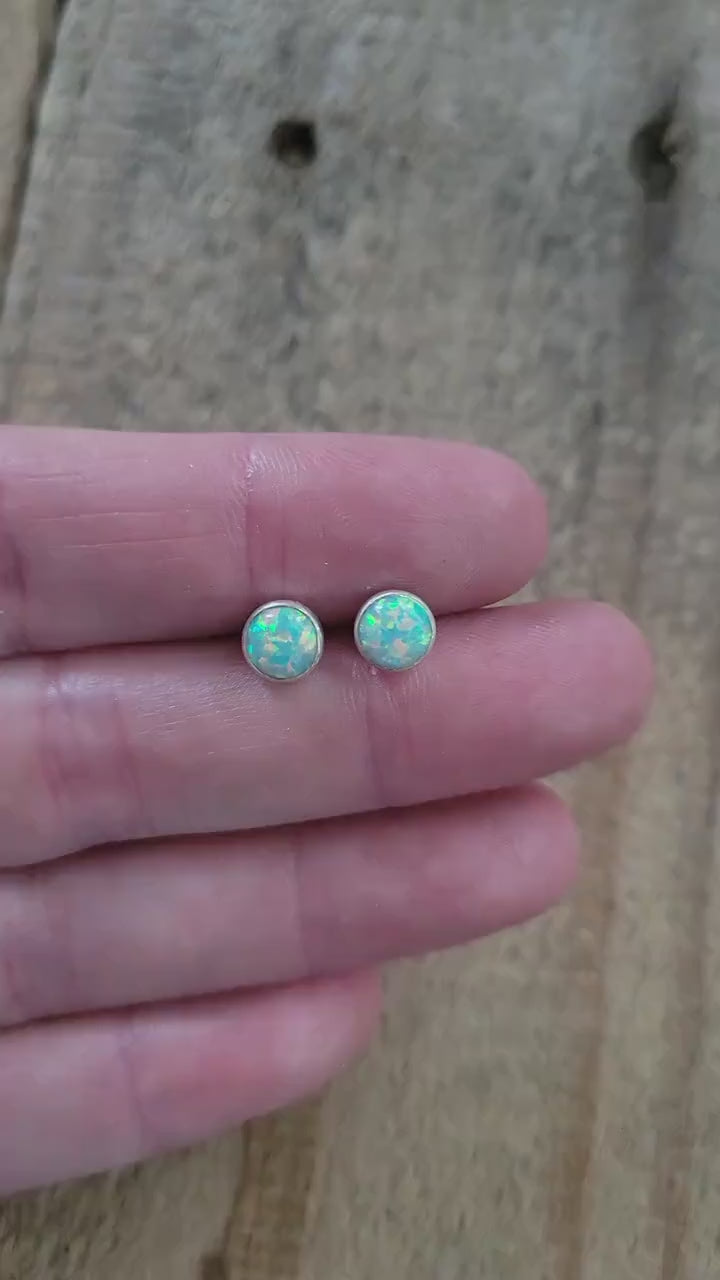 Seafoam Green Aura Opal Stud Earrings, 6mm - Cultured Opal Earrings, Cultured Opal Jewelry, Sterling Silver Earrings