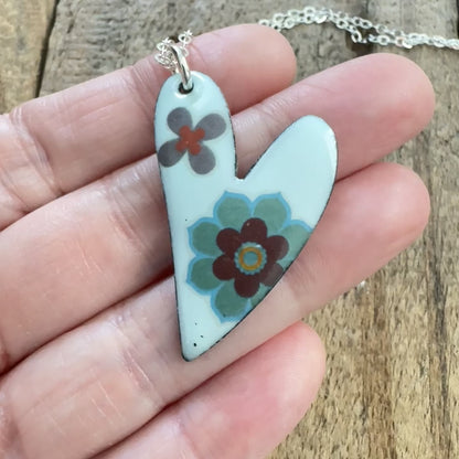 Blue Flower on Light Seafoam Green Enamel Heart Pendant