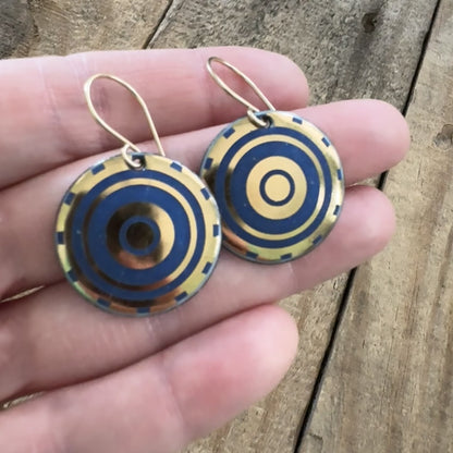 Gold and Blue Accents on Light Blue Enamel Disc Earrings
