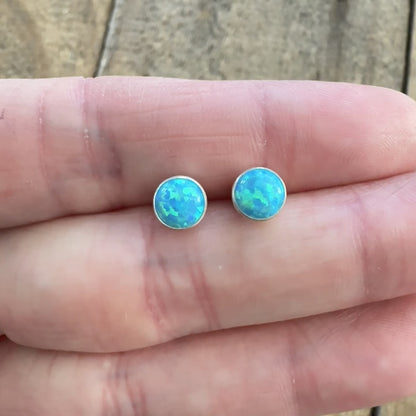 Aqua Blue Aura Opal Stud Earrings, 6mm