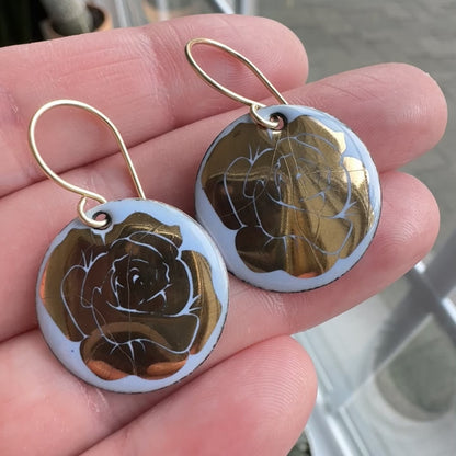 SECONDS/IRREGULAR Gold Roses on Periwinkle Enamel Disc Earrings