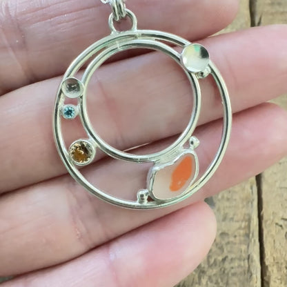 Orange and Clear Multi Sea Glass and Cubic Zirconia Pendant