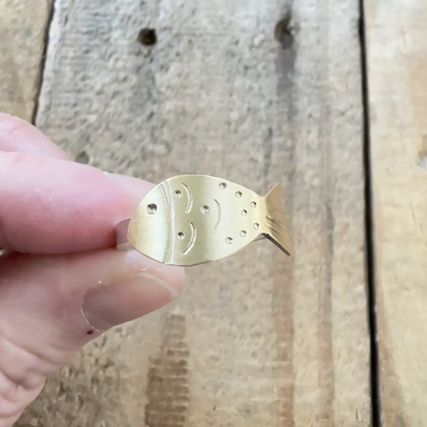 video showing all angles of a hand stamped brass fish on a silver ring, against a wooden background