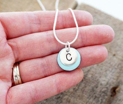 Hand Stamped Sterling Silver Initial on Enamel Pendant - Choose Your Color - Enamel Necklace, Heart Necklace, Heart Jewelry