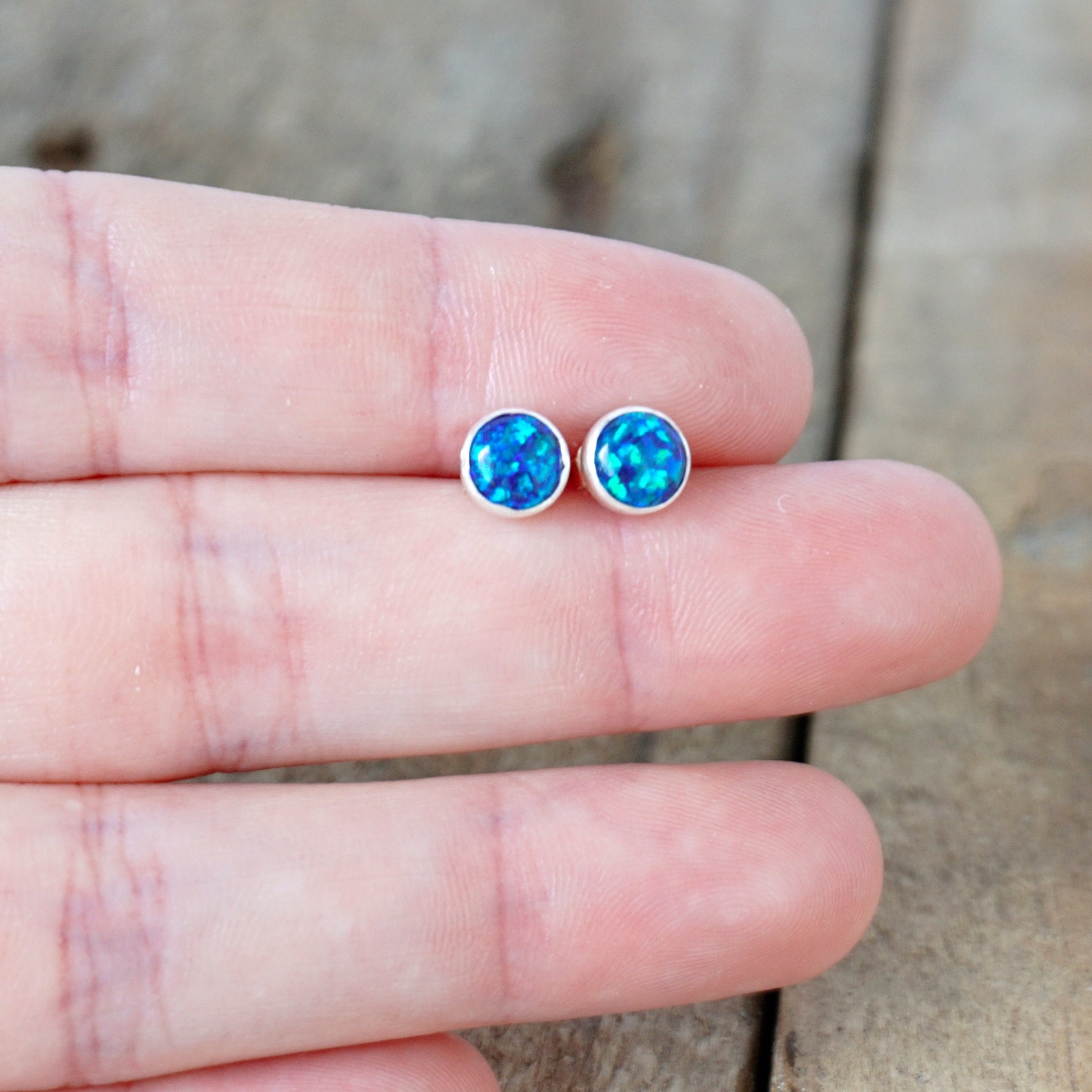Cobalt Blue Aura Opal Stud Earrings, 6mm - Cultured Opal Earrings, Cultured Opal Jewelry, Sterling Silver Earrings