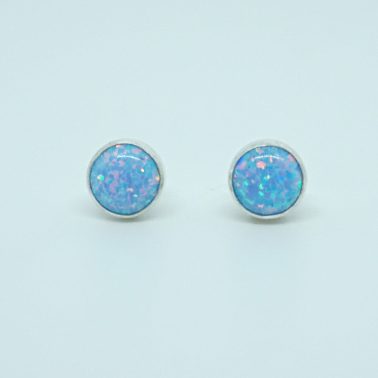 Light Blue Aura Opal Stud Earrings, 6mm - Cultured Opal Earrings, Cultured Opal Jewelry, Sterling Silver Earrings