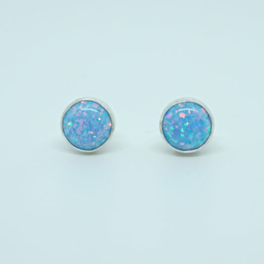 Light Blue Aura Opal Stud Earrings, 6mm - Cultured Opal Earrings, Cultured Opal Jewelry, Sterling Silver Earrings