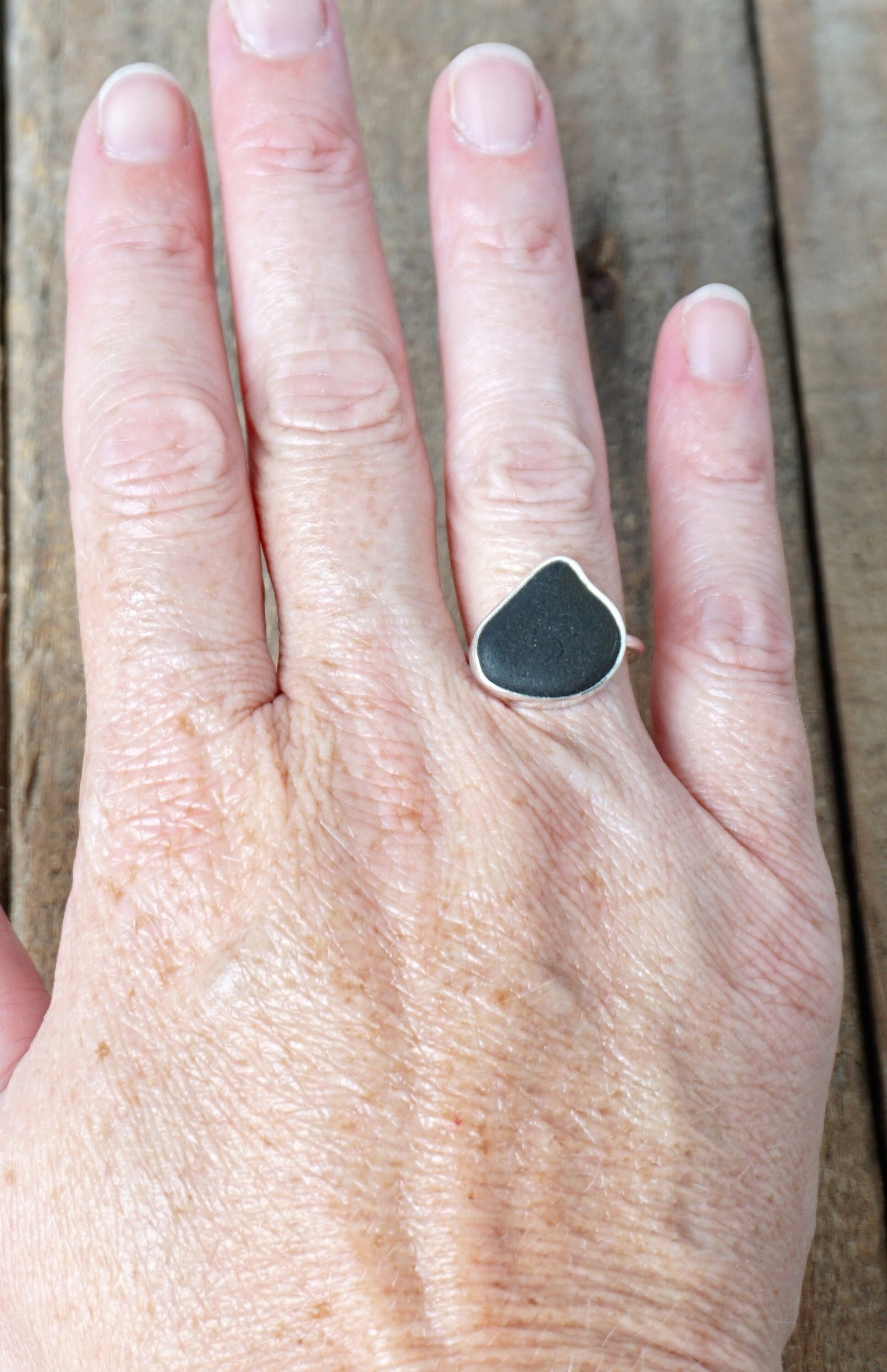 Size 7 Black Sea Glass Stacking Ring - Genuine Sea Glass, Natural Sea Glass, Beach Glass Ring, Stacking Jewelry, Stacker Ring