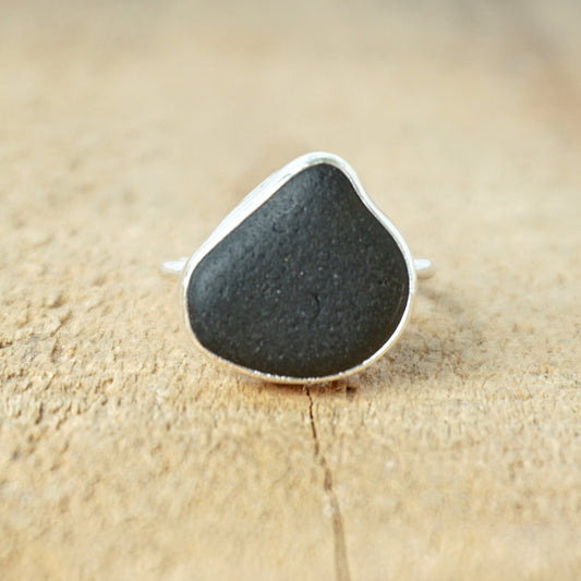 Size 7 Black Sea Glass Stacking Ring - Genuine Sea Glass, Natural Sea Glass, Beach Glass Ring, Stacking Jewelry, Stacker Ring