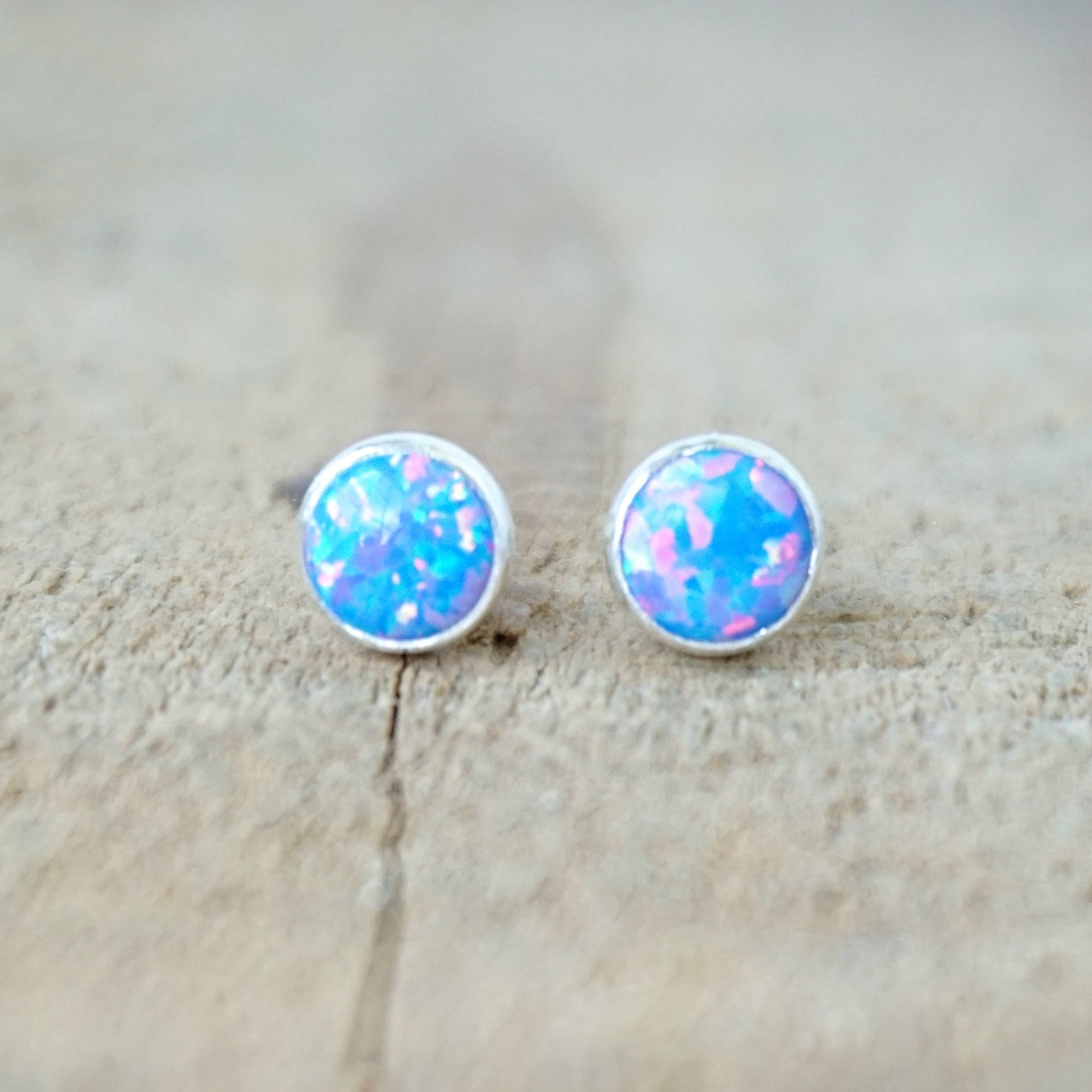 Blue Aura Opal Stud Earrings, 6mm - Cultured Opal Earrings, Cultured Opal Jewelry, Sterling Silver Earrings