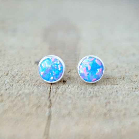 Blue Aura Opal Stud Earrings, 6mm - Cultured Opal Earrings, Cultured Opal Jewelry, Sterling Silver Earrings