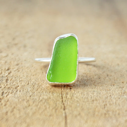 Size 8 Lime Green Sea Glass Stacking Ring - Genuine Sea Glass, Natural Sea Glass, Stacking Jewelry, Stacker Ring, Boho Jewelry