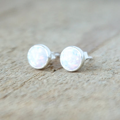 White Aura Opal Stud Earrings, 6mm - Cultured Opal Earrings, Cultured Opal Jewelry, Sterling Silver Earrings
