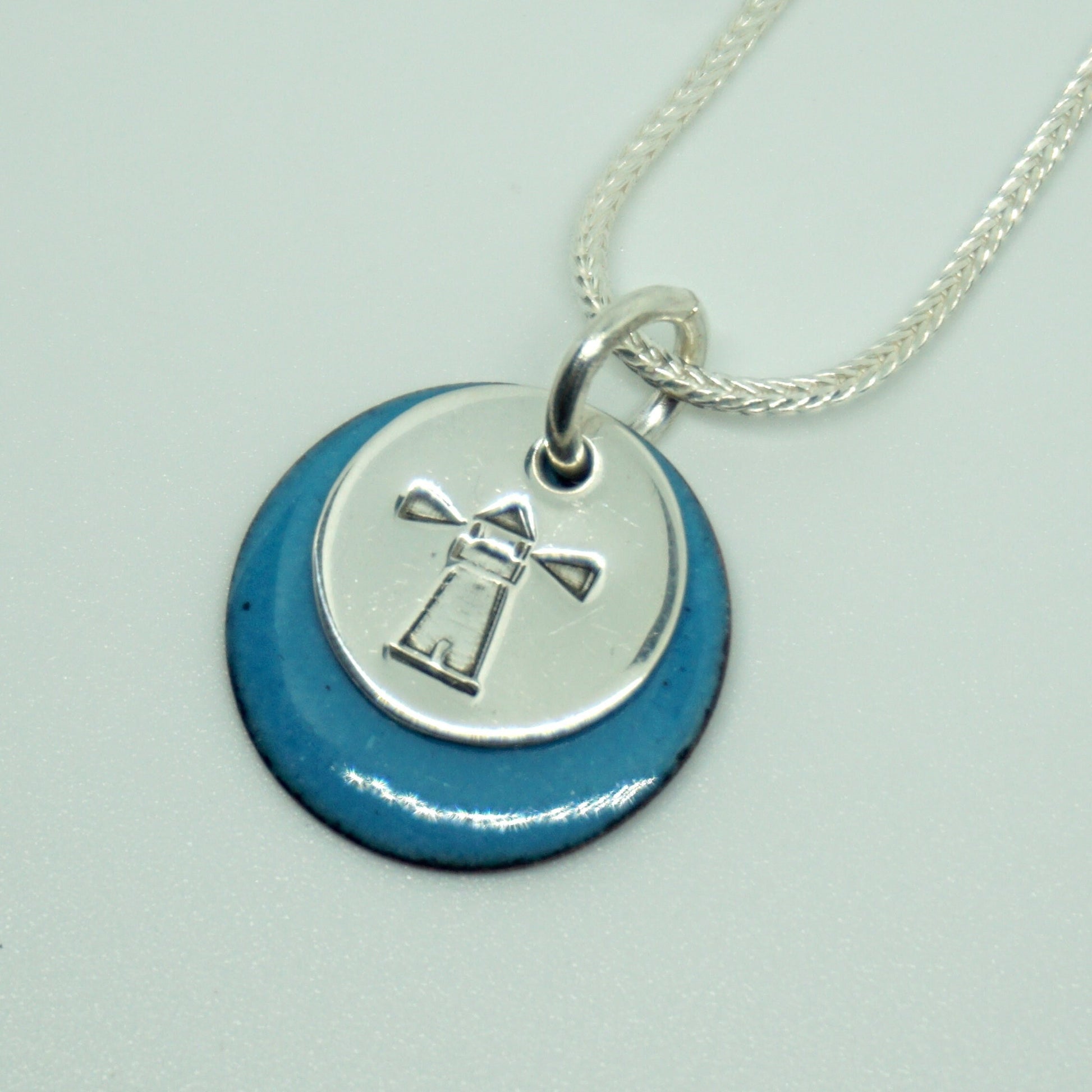 Hand Stamped Sterling Silver Lighthouse on Enamel Pendant - Choose Your Color - Enamel Necklace, Lighthouse Jewelry