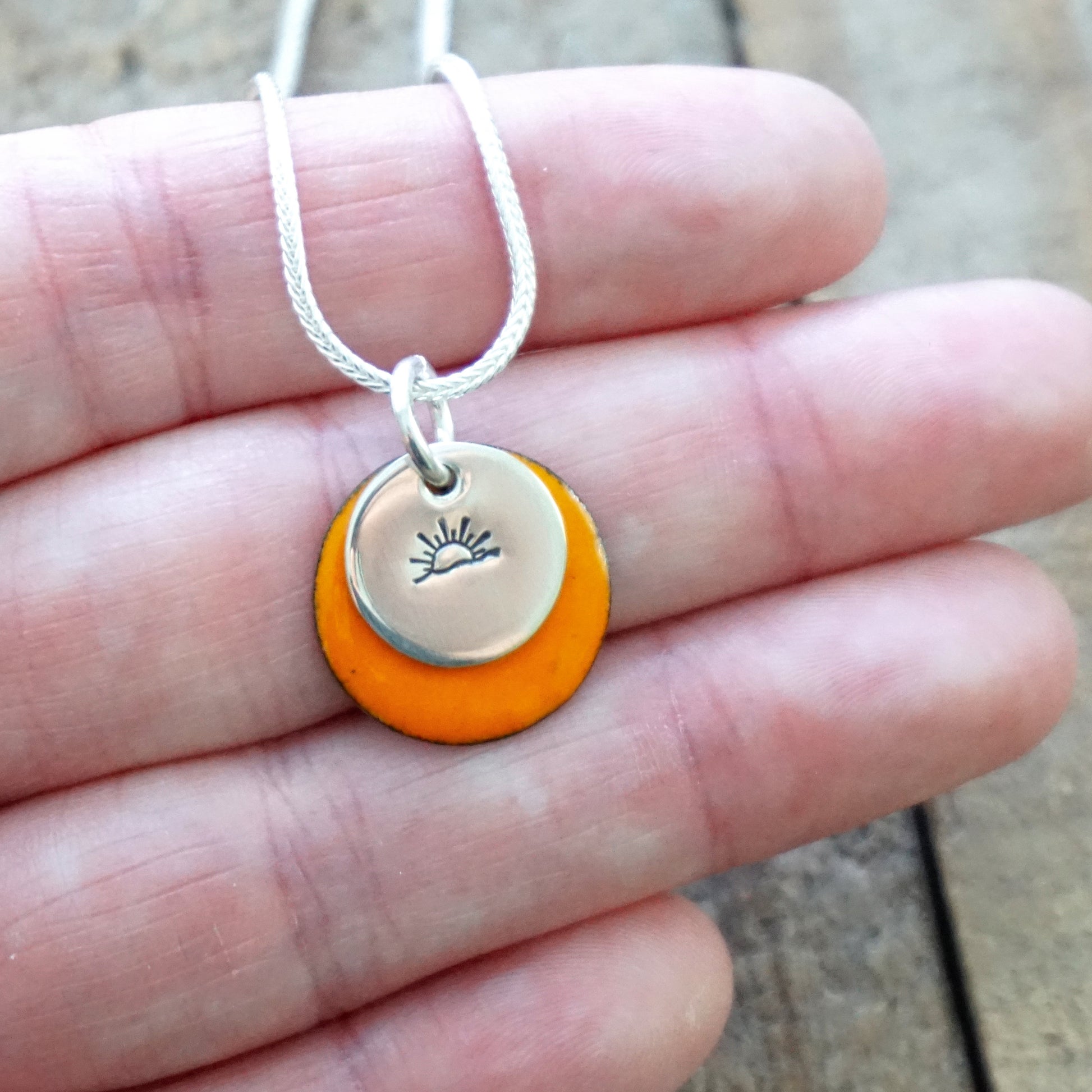Hand Stamped Sterling Silver Sunset/Sunrise on Enamel Pendant - Create Your Own - Enamel Jewelry, Sunset Necklace, Sunrise Jewelry