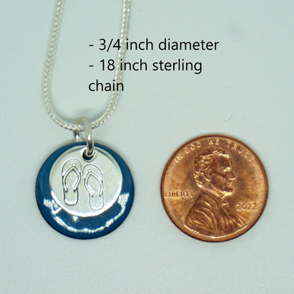 Hand Stamped Sterling Silver Flip Flops on Enamel Pendant - Choose Your Color - Enamel Necklace, Flip Flop Jewelry