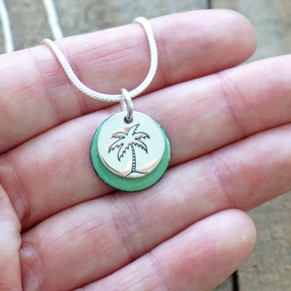 Hand Stamped Sterling Silver Palm Tree on Enamel Pendant - Choose Your Color - Enamel Necklace, Palmetto Tree Necklace