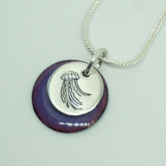 Hand Stamped Sterling Silver Jellyfish on Enamel Pendant - Choose Your Color - Enamel Necklace