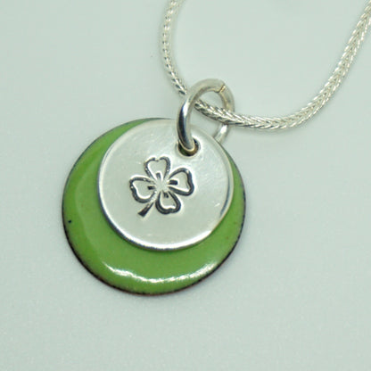 Hand Stamped Sterling Silver Shamrock on Enamel Pendant - Choose Your Color - Four Leaf Clover Necklace, Enamel Necklace