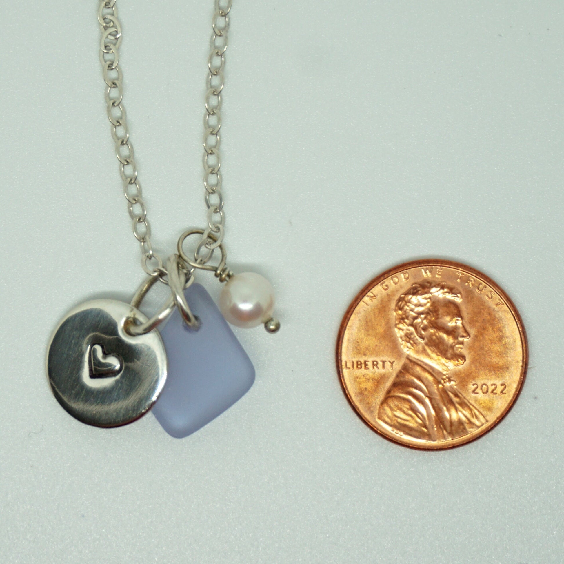 Sterling Silver Heart with Lavender Sea Glass and Pearl Pendant -Handstamped Jewelry, Sterling Silver Jewelry, Surf Jewelry, Nautical