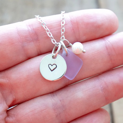 Sterling Silver Heart with Lavender Sea Glass and Pearl Pendant -Handstamped Jewelry, Sterling Silver Jewelry, Surf Jewelry, Nautical