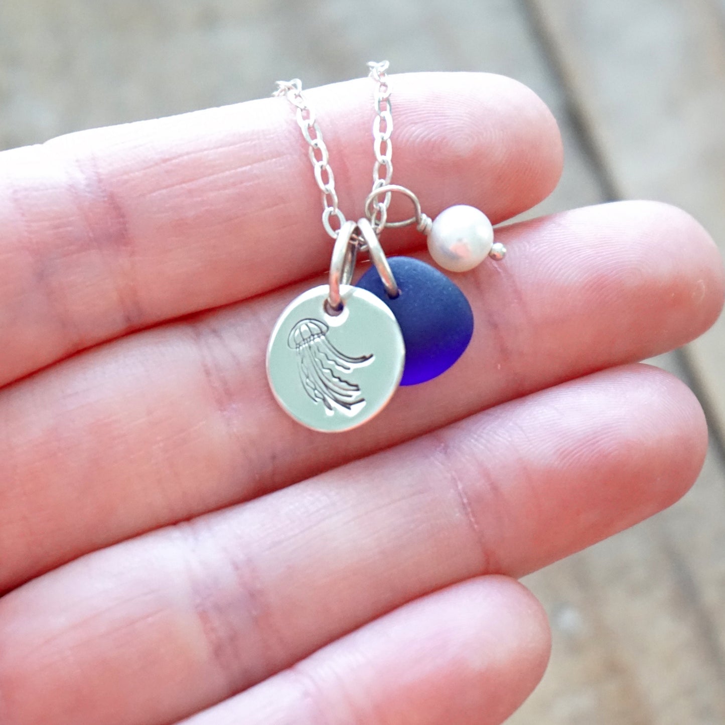 Sterling Silver Jellyfish with Cobalt Blue Sea Glass and Pearl Pendant -Handstamped Jewelry, Sterling Silver Jewelry, Jellyfish Jewelry