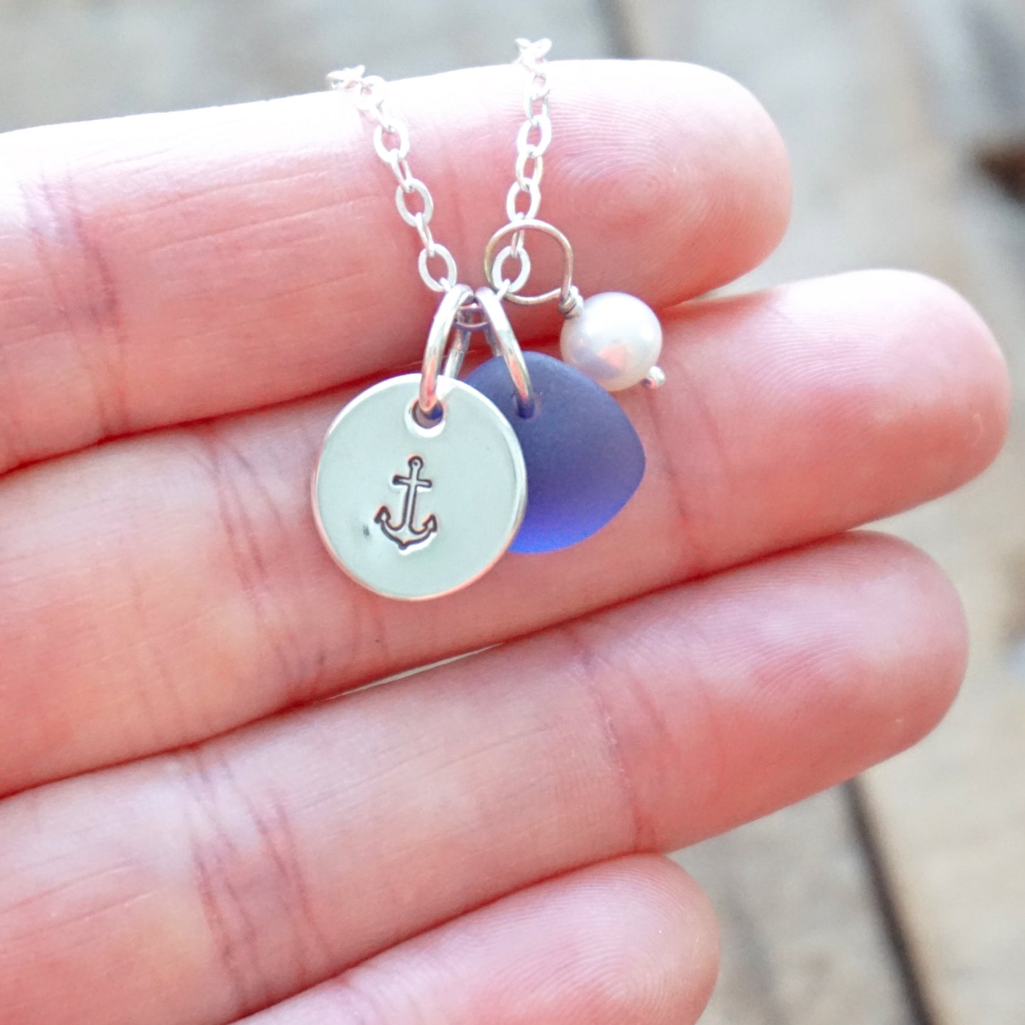 Sterling Silver Anchor with Blue Sea Glass and Pearl Pendant - Handstamped Jewelry, Handstamped Necklace, Nautical Jewelry