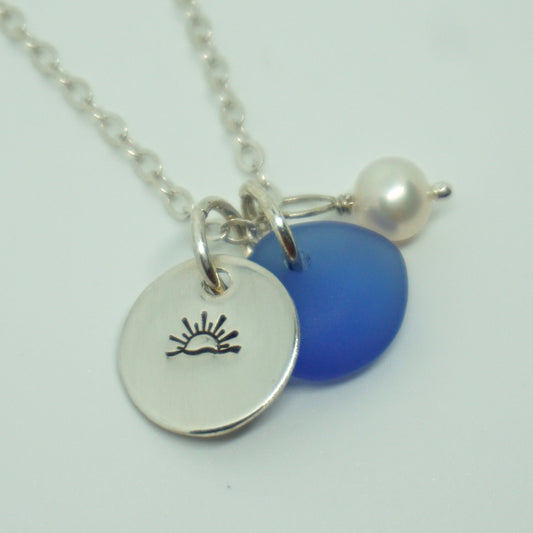 Sterling Silver Sunset/Sunrise with Blue Sea Glass and Pearl Pendant - Handstamped Jewelry, Handstamped Necklace, Nautical Jewelry