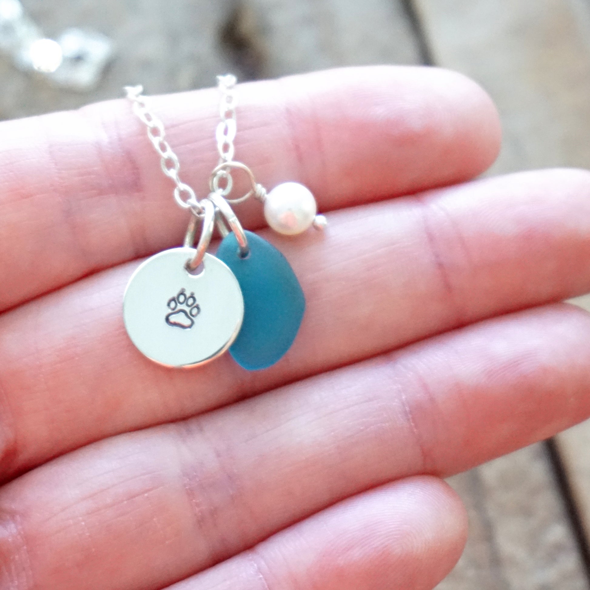 Sterling Silver Paw Print with Teal Blue Sea Glass and Pearl Pendant -Handstamped Jewelry, Sterling Silver Jewelry, Jellyfish Jewelry