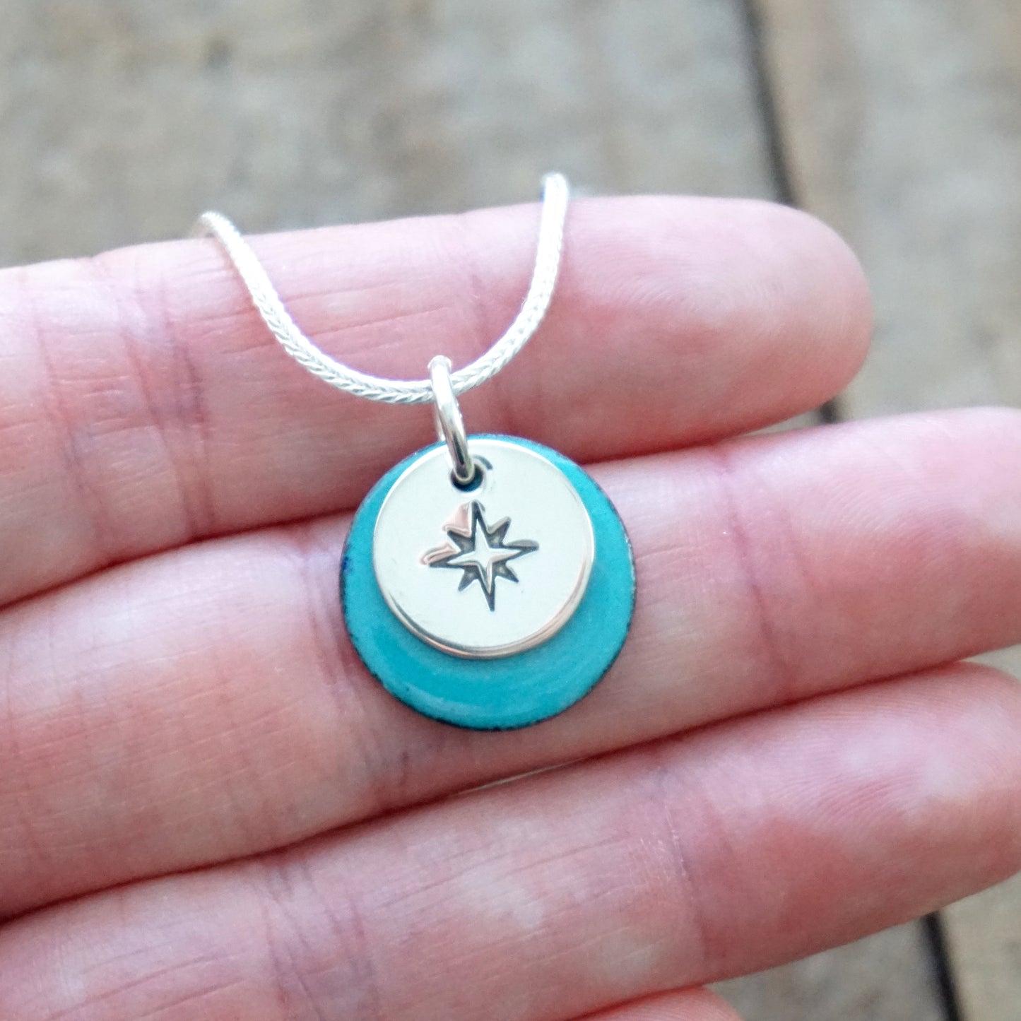 Hand Stamped Compass Rose Sterling Silver on Enamel Pendant - Create Your Own - Enamel Necklace, Compass Necklace, Compass Jewelry, Travel
