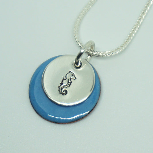 Hand Stamped Sterling Silver Seahorse on Enamel Pendant - Choose Your Color - Enamel Necklace