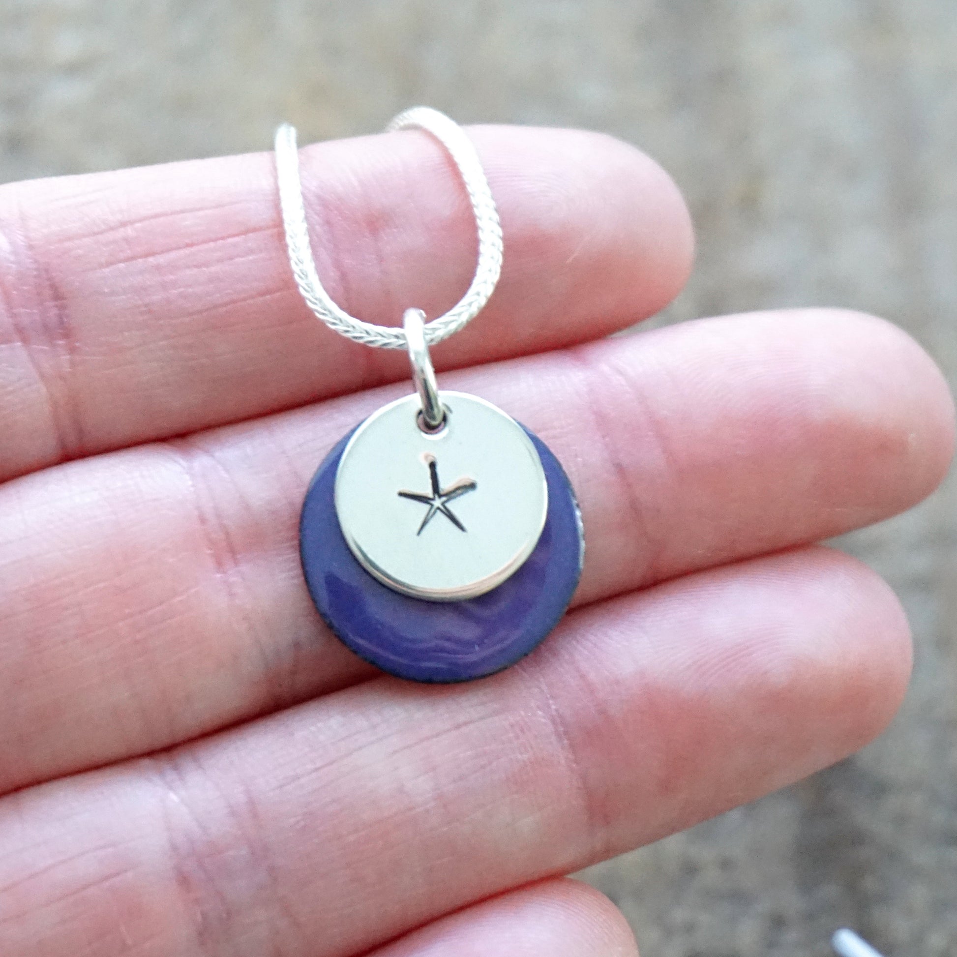Hand Stamped Sterling Silver Starfish on Enamel Pendant - Choose Your Color - Enamel Necklace