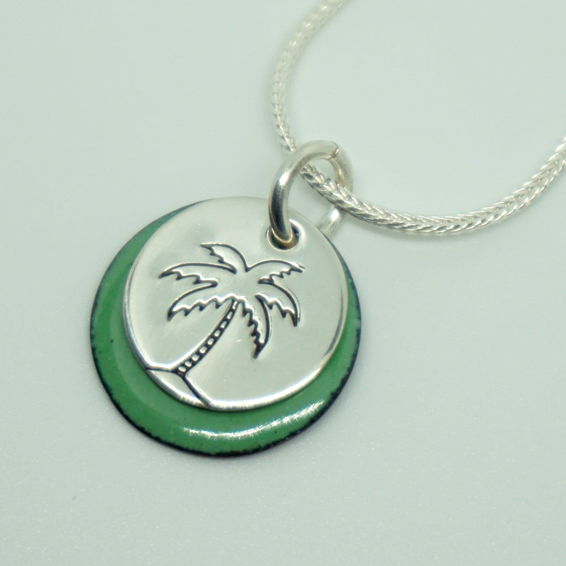 Hand Stamped Sterling Silver Palm Tree on Enamel Pendant - Choose Your Color - Enamel Necklace, Palmetto Tree Necklace