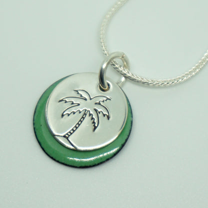 Hand Stamped Sterling Silver Palm Tree on Enamel Pendant - Choose Your Color - Enamel Necklace, Palmetto Tree Necklace