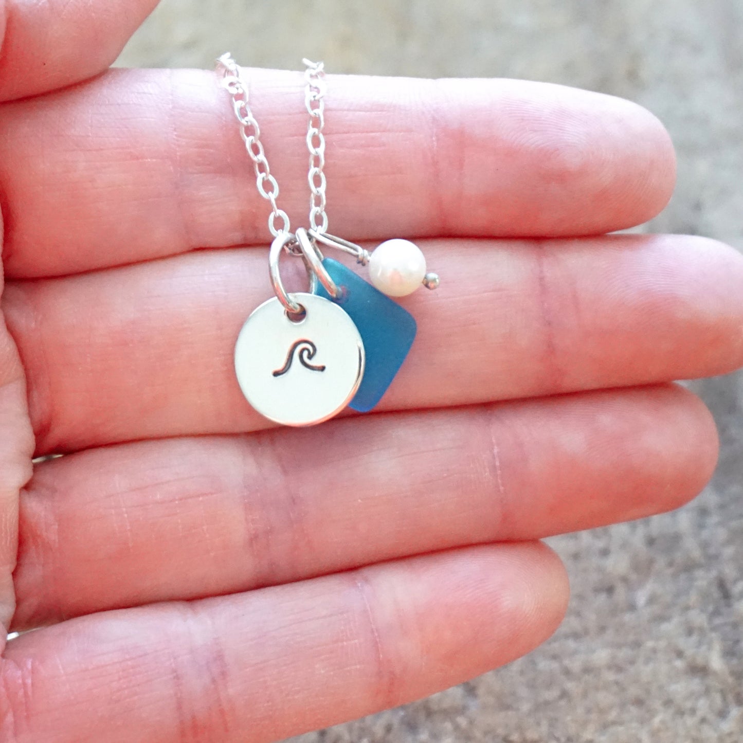 Sterling Silver Wave with Dark Aqua Blue Sea Glass and Pearl Pendant -Handstamped Jewelry, Sterling Silver Jewelry, Surf Jewelry, Nautical