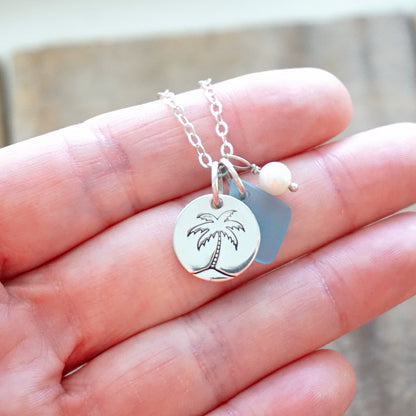Sterling Silver Palm Tree with Aqua Blue Sea Glass and Pearl Pendant -Handstamped Jewelry, Sterling Silver Jewelry, Jellyfish Jewelry