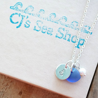 Sterling Silver Anchor with Blue Sea Glass and Pearl Pendant - Handstamped Jewelry, Handstamped Necklace, Nautical Jewelry