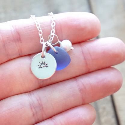Sterling Silver Sunset/Sunrise with Blue Sea Glass and Pearl Pendant - Handstamped Jewelry, Handstamped Necklace, Nautical Jewelry