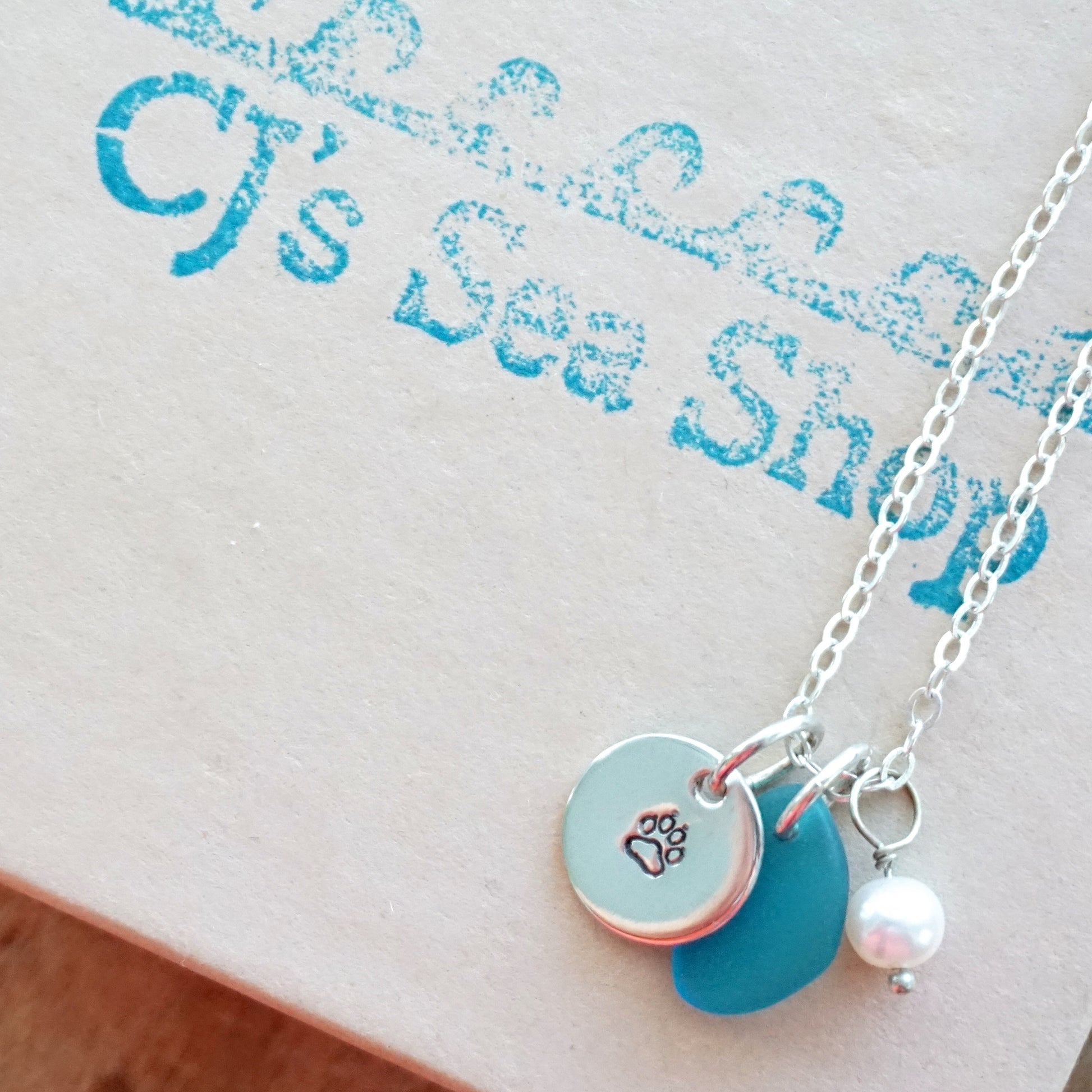 Sterling Silver Paw Print with Teal Blue Sea Glass and Pearl Pendant -Handstamped Jewelry, Sterling Silver Jewelry, Jellyfish Jewelry