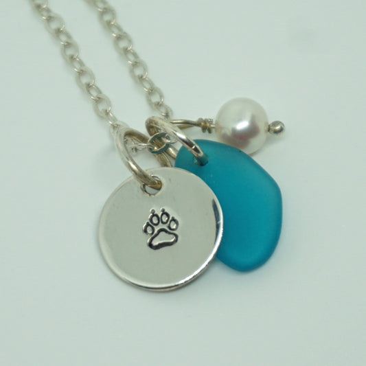 Sterling Silver Paw Print with Teal Blue Sea Glass and Pearl Pendant -Handstamped Jewelry, Sterling Silver Jewelry, Jellyfish Jewelry