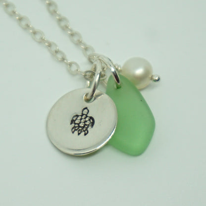 Sterling Silver Turtle with Green Sea Glass and Pearl Pendant -Handstamped Jewelry, Sterling Silver Jewelry, Jellyfish Jewelry