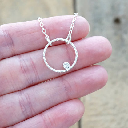 Sterling Silver Circle Necklace with Cubic Zirconia - Ring Necklace, Hoop Necklace, Eternity Necklace, Karma, April Birthstone Necklace