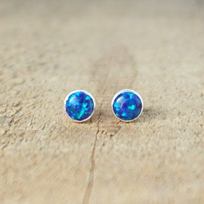 Cobalt Blue Aura Opal Stud Earrings, 6mm - Cultured Opal Earrings, Cultured Opal Jewelry, Sterling Silver Earrings