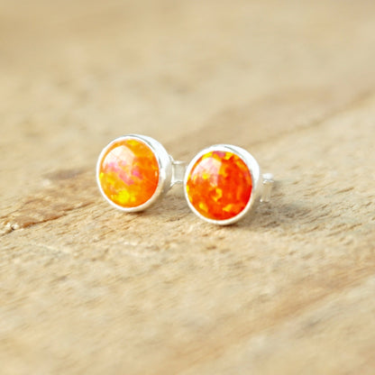 Tangerine Orange Aura Opal Stud Earrings, 6mm - Cultured Opal Earrings, Cultured Opal Jewelry, Sterling Silver Earrings