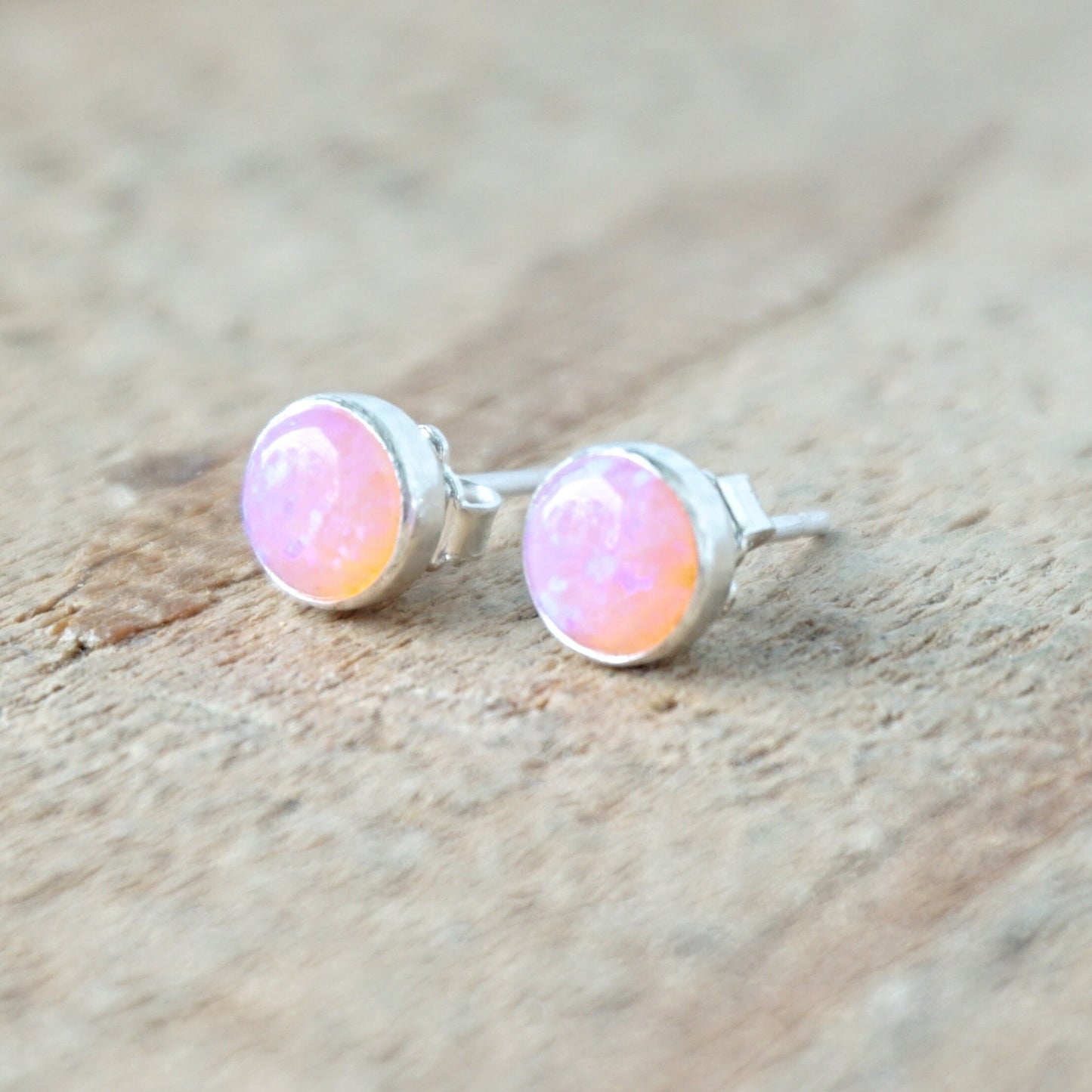 Light Pink Aura Opal Stud Earrings, 6mm - Cultured Opal Earrings, Cultured Opal Jewelry, Sterling Silver Earrings