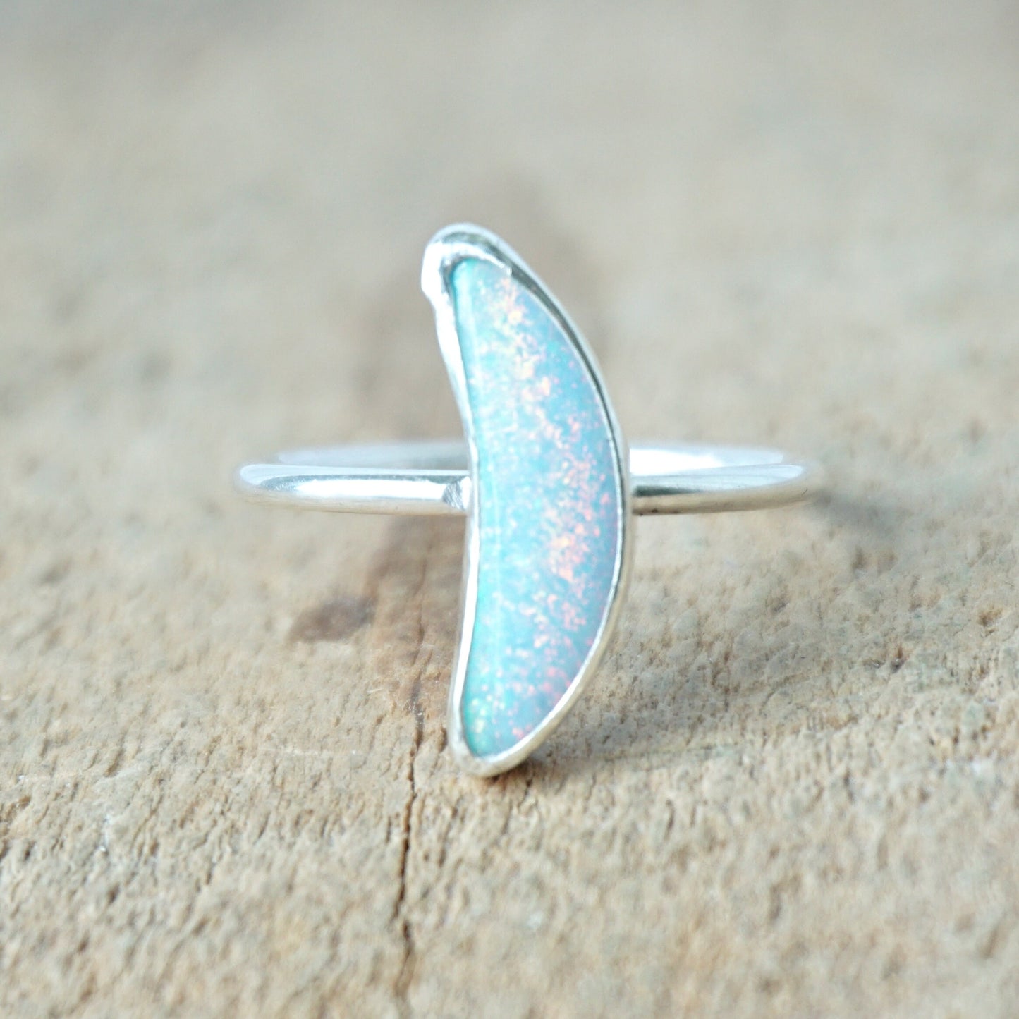 Size 8 1/2 White Sterling Opal Crescent Moon Stacking Ring - Cultured Opal Ring, Cultured Opal Jewelry, Stacking Jewelry, Stacker Ring
